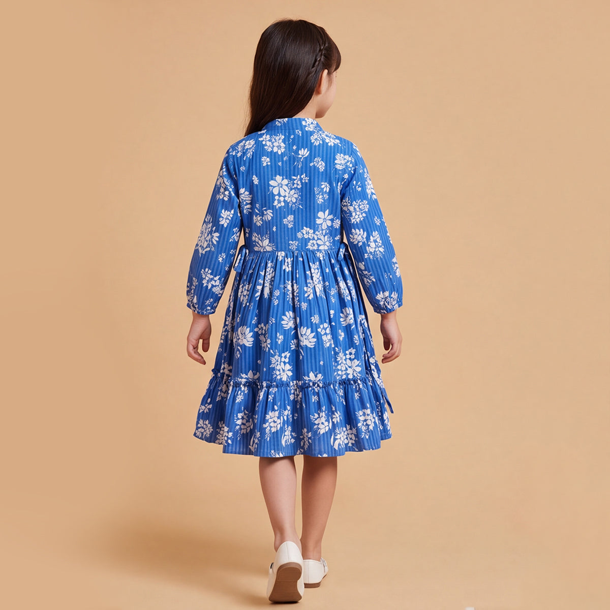 Girls Blue Floral Printed Long Sleeve Dress