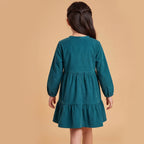 Girls Teal Green Long Sleeve Corduroy Fit & Flare Dress