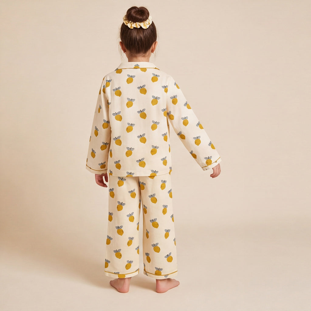 Girls Yellow 3Pcs Pajama Set: Long Sleeve Shirt, Pajamas and Matching Stretched Hair Band
