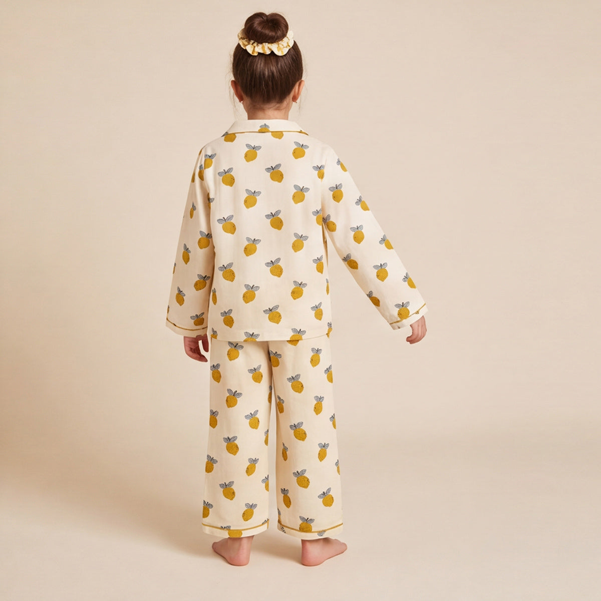 Girls Yellow 3Pcs Pajama Set: Long Sleeve Shirt, Pajamas and Matching Stretched Hair Band