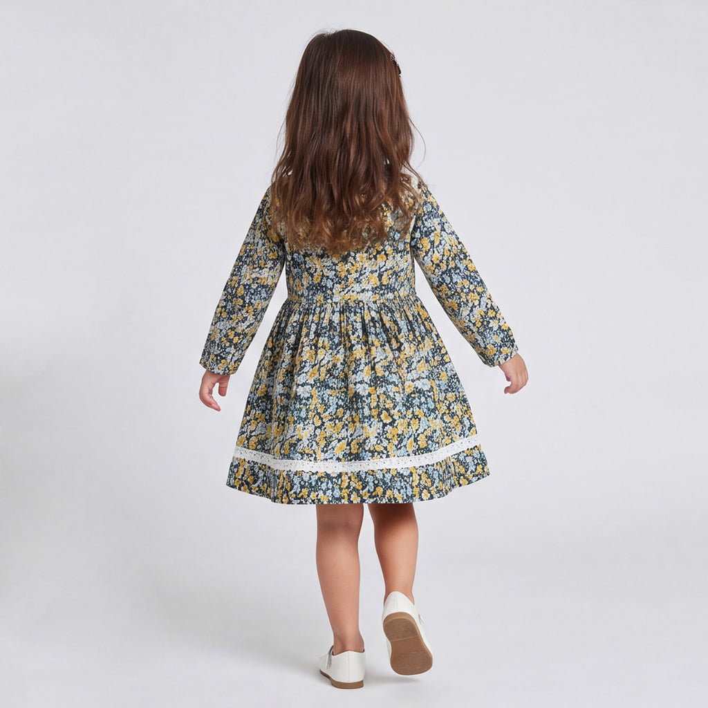 Girls Navy Floral Print Long Sleeve Dress