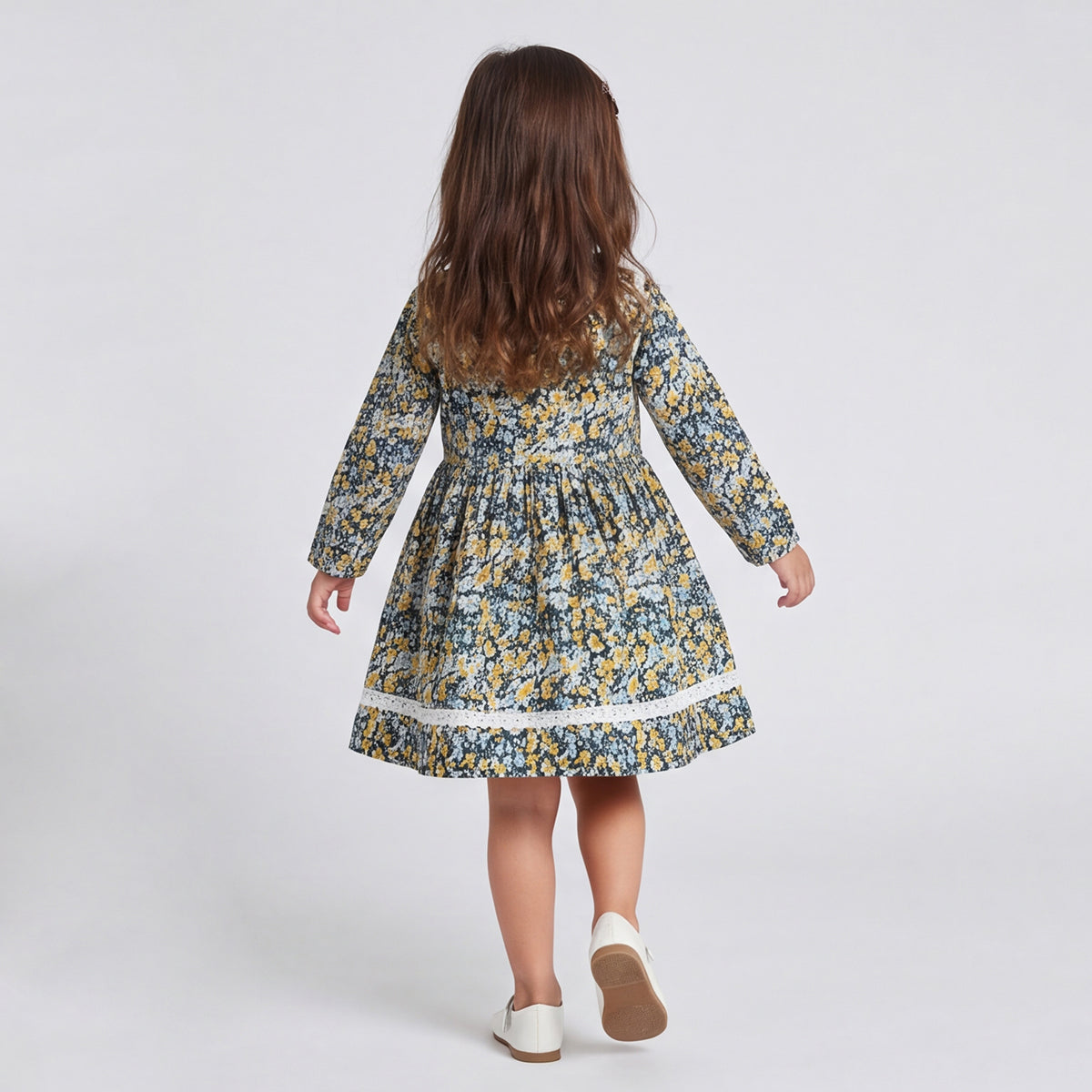 Girls Navy Floral Print Long Sleeve Dress