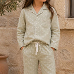 Girls Green Printed Button-Down Long-Sleeve Shirt & Pants Nightwear Set