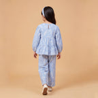 Girls Blue Printed Floral Long Sleeve Top With Elasticated Pants & Headband Sets