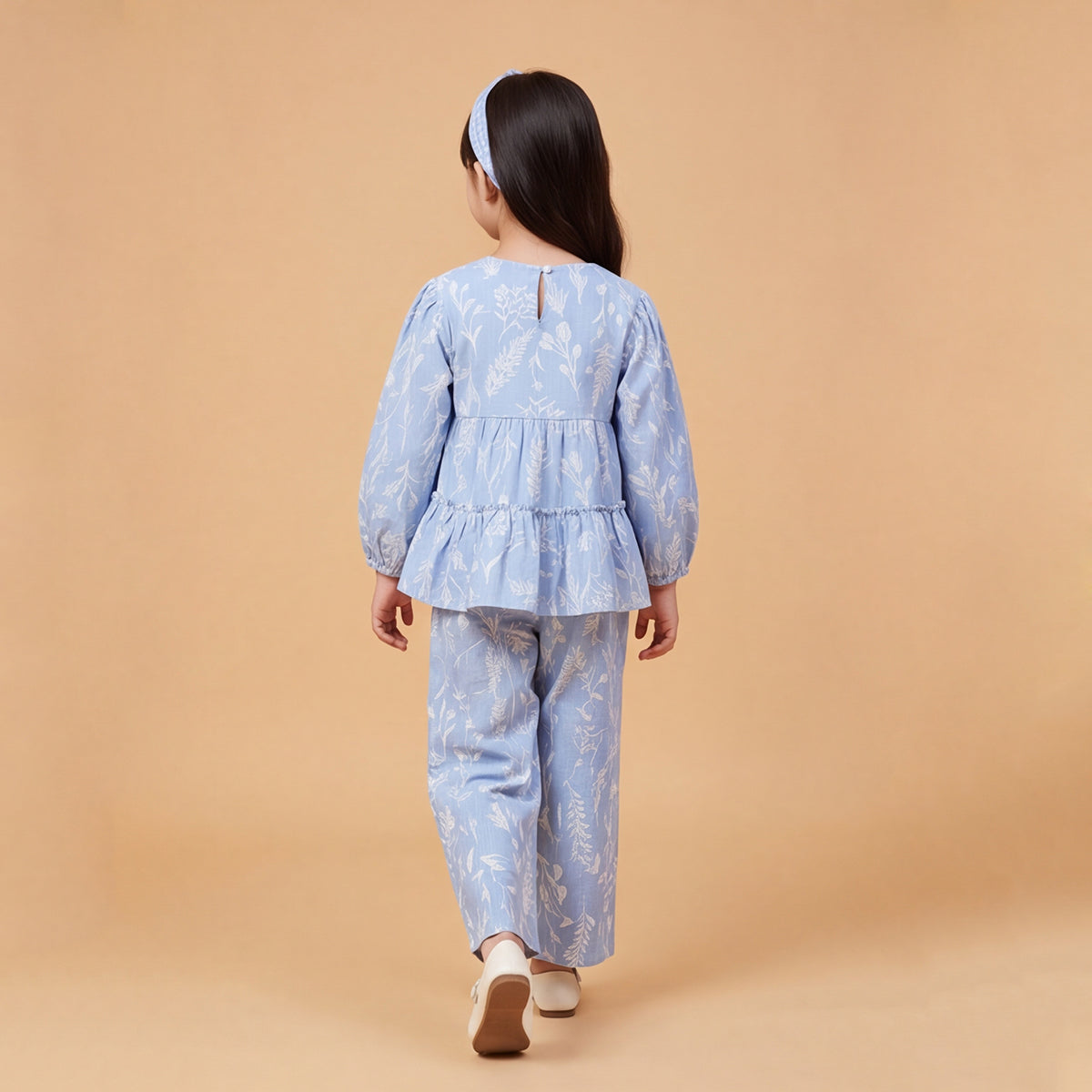 Girls Blue Printed Floral Long Sleeve Top With Elasticated Pants & Headband Sets