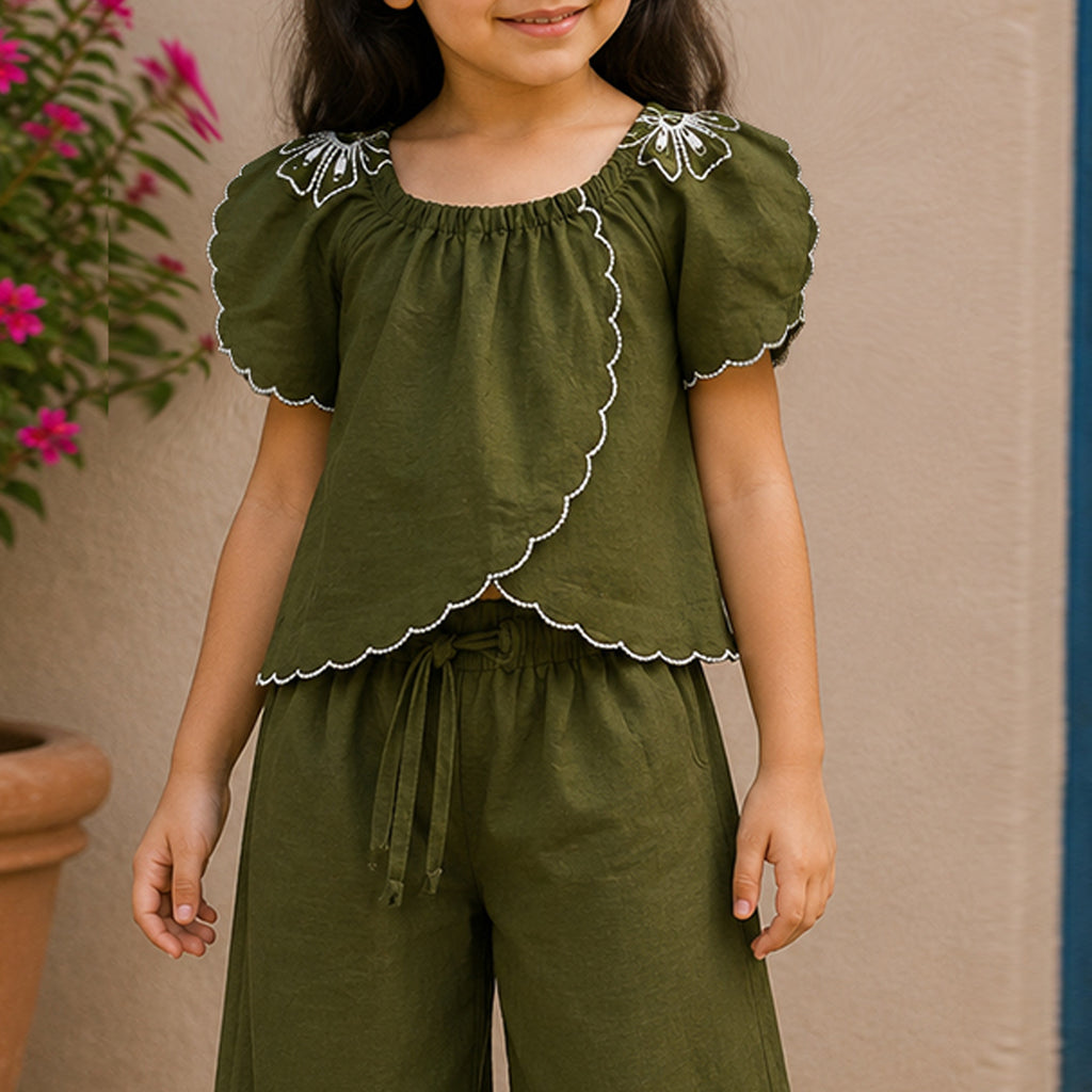 Girls Olive Elegant Flower Embroidery Button-Down Co-Ord Set