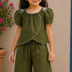 Girls Olive Elegant Flower Embroidery Button-Down Co-Ord Set