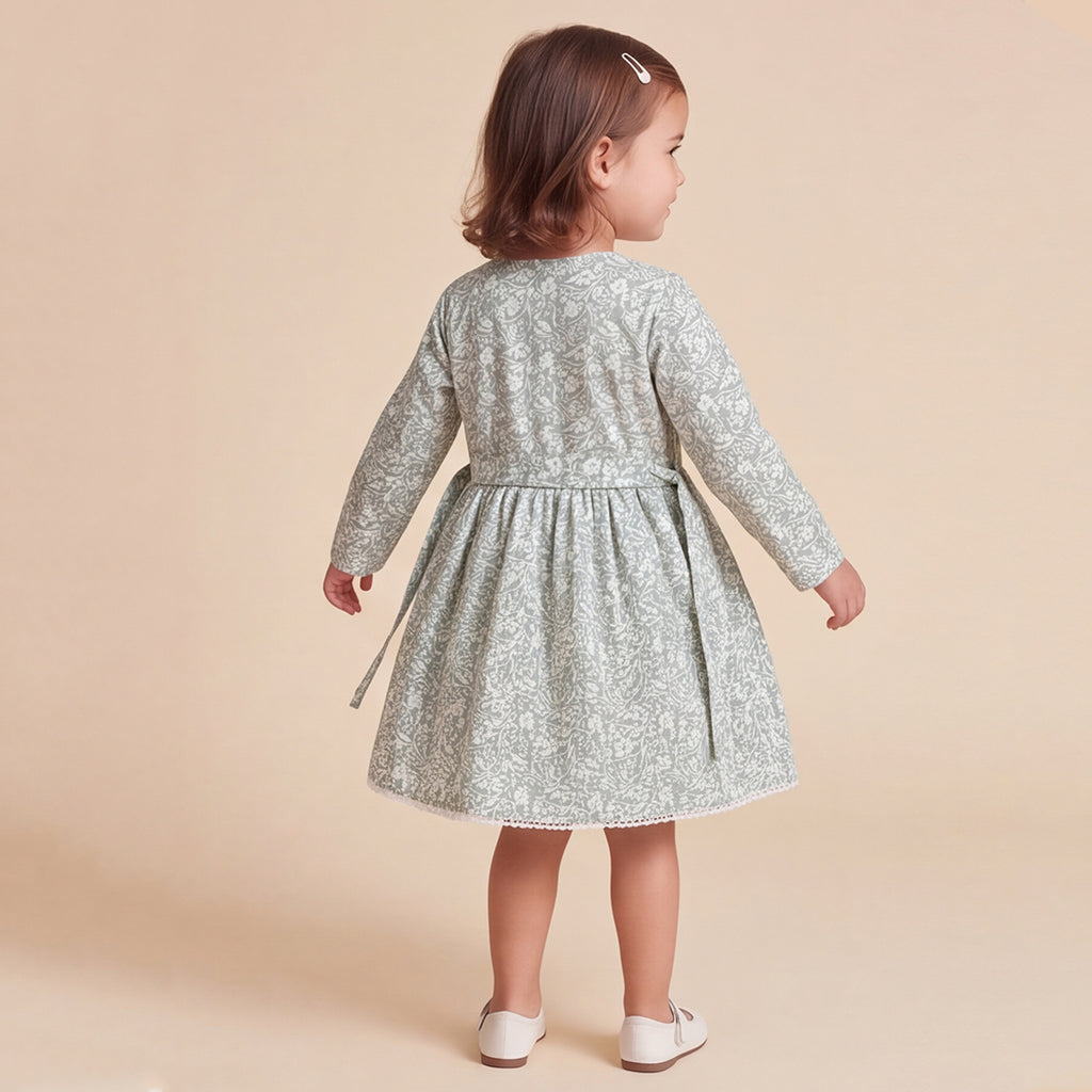 Girls Green Floral Print Long Sleeve Dress