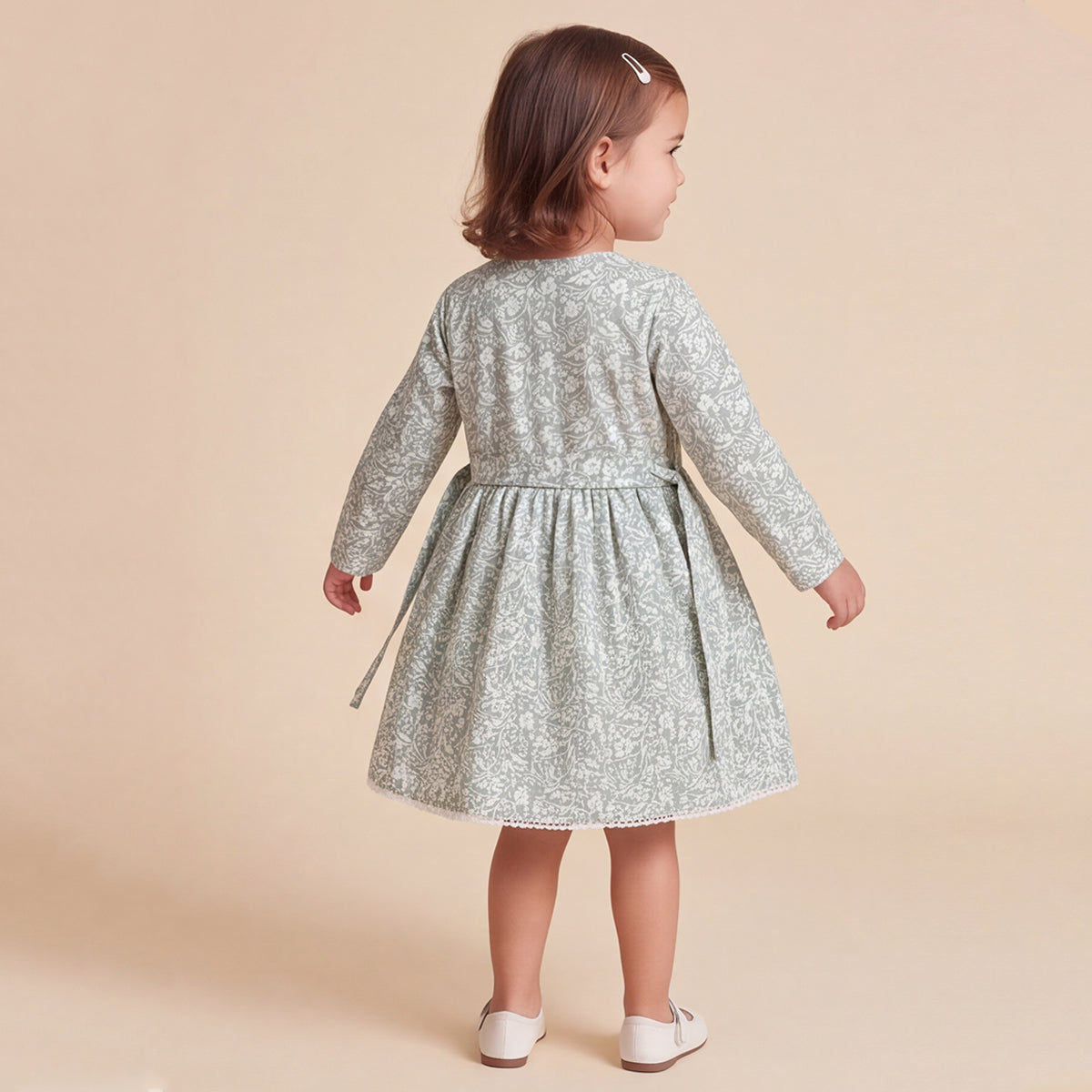 Girls Green Floral Print Long Sleeve Dress