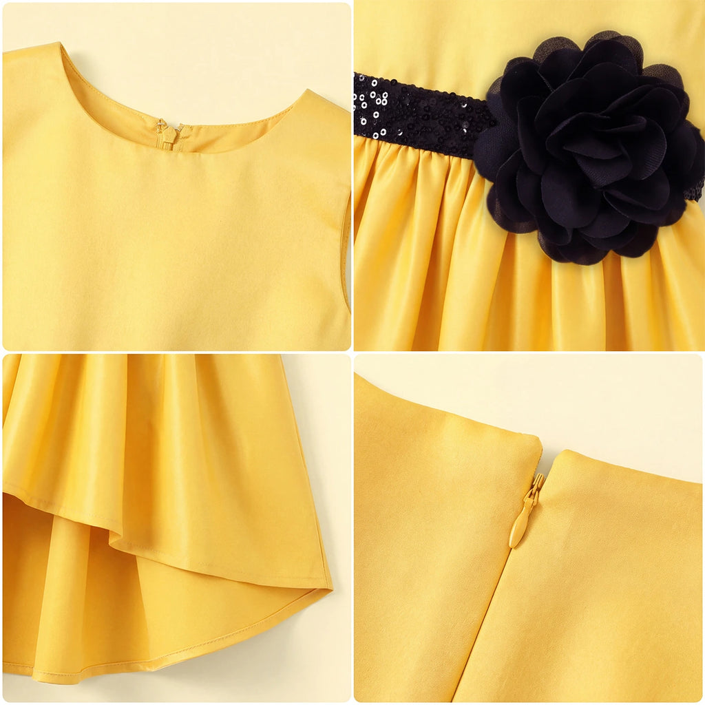 Girls Yellow Floral Applique High Low Sleeveless Party Wear Dress