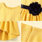 Girls Yellow Floral Applique High Low Sleeveless Party Wear Dress