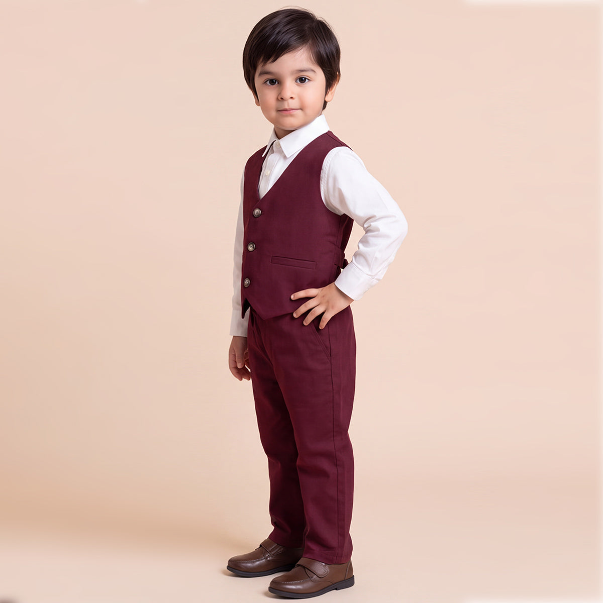 Toddler Boys Red 3Pcs Outfit Set Shirt with Waist Coat and Pants Suit