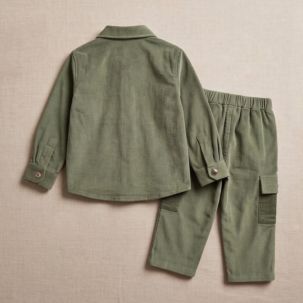 Boys Green Cotton Corduroy Shirt With Trousers Set