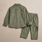 Boys Green Cotton Corduroy Shirt With Trousers Set