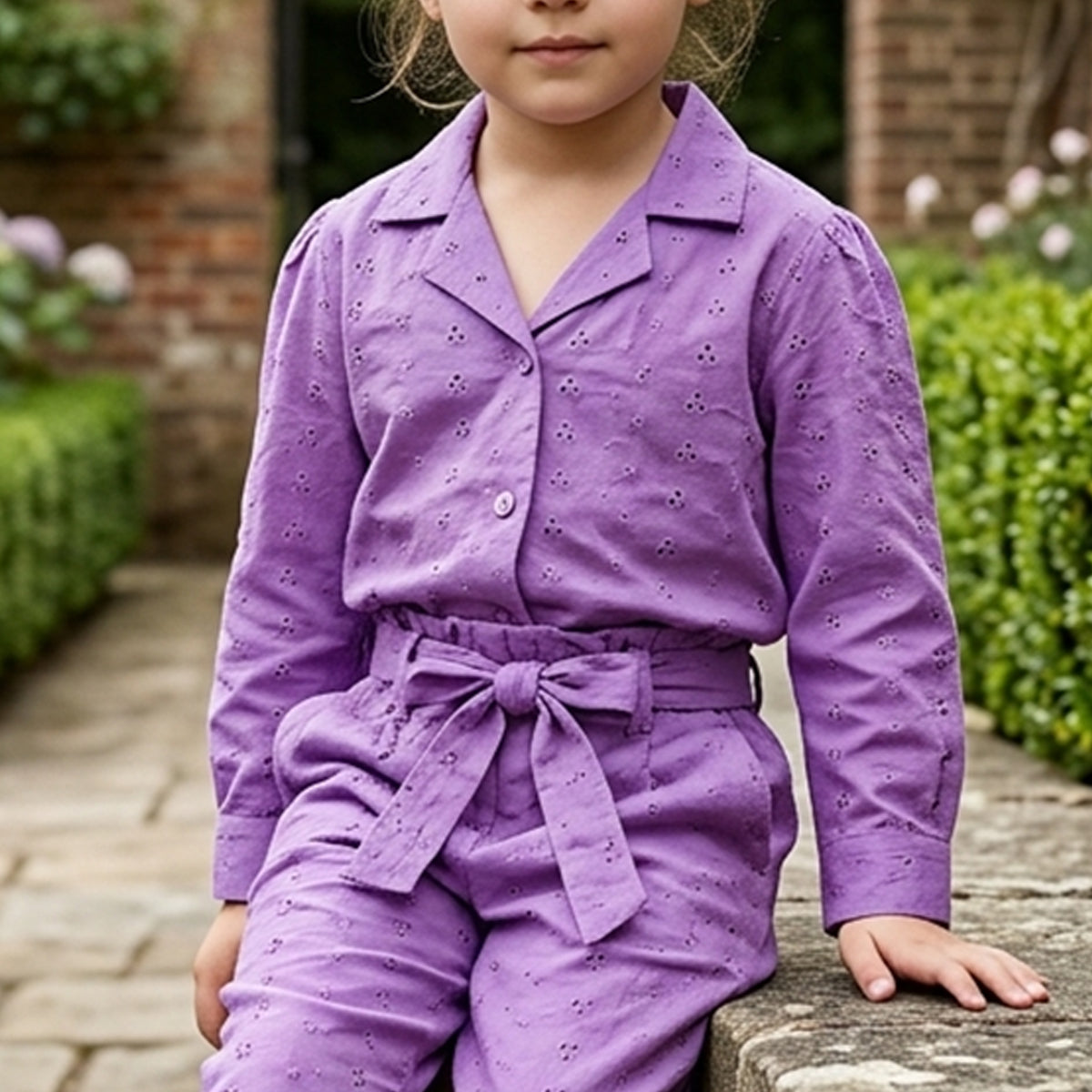 Girls Purple Schiffli Embroidery Long-Sleeve Shirt & Self-Fabric Belt Trouser Co-Ord Set