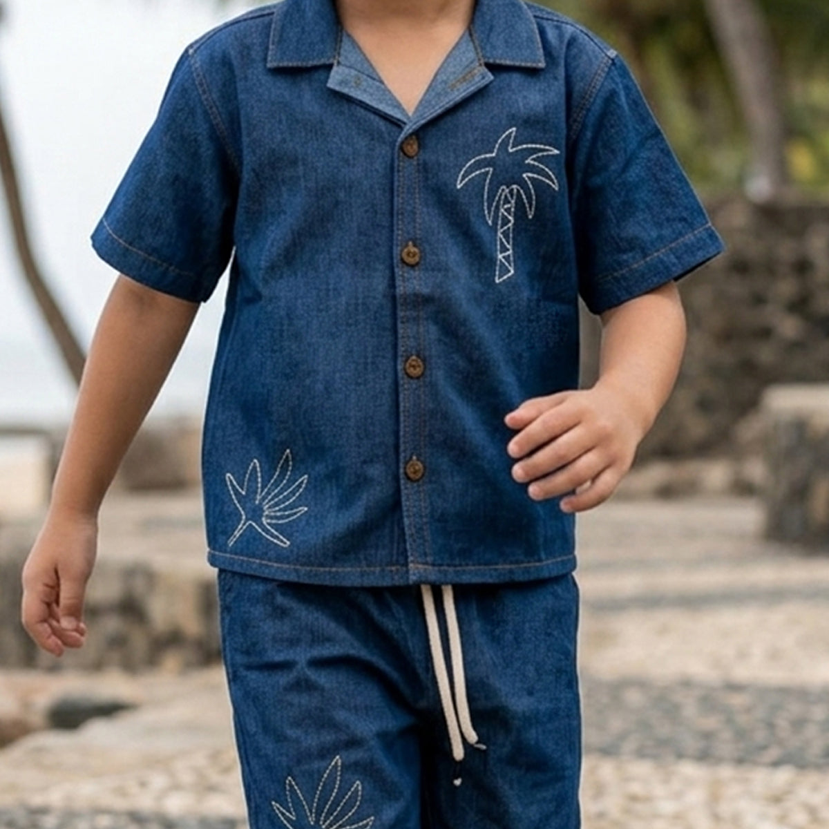 Boys Blue Rinse Wash Short Sleeve Denim Shirt With Short Co-ord Set