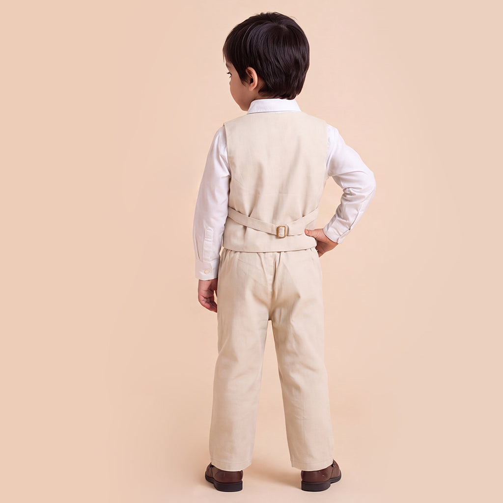 Toddler Boys Beige 3Pcs Outfit Set Shirt with Waist Coat and Pants Suit