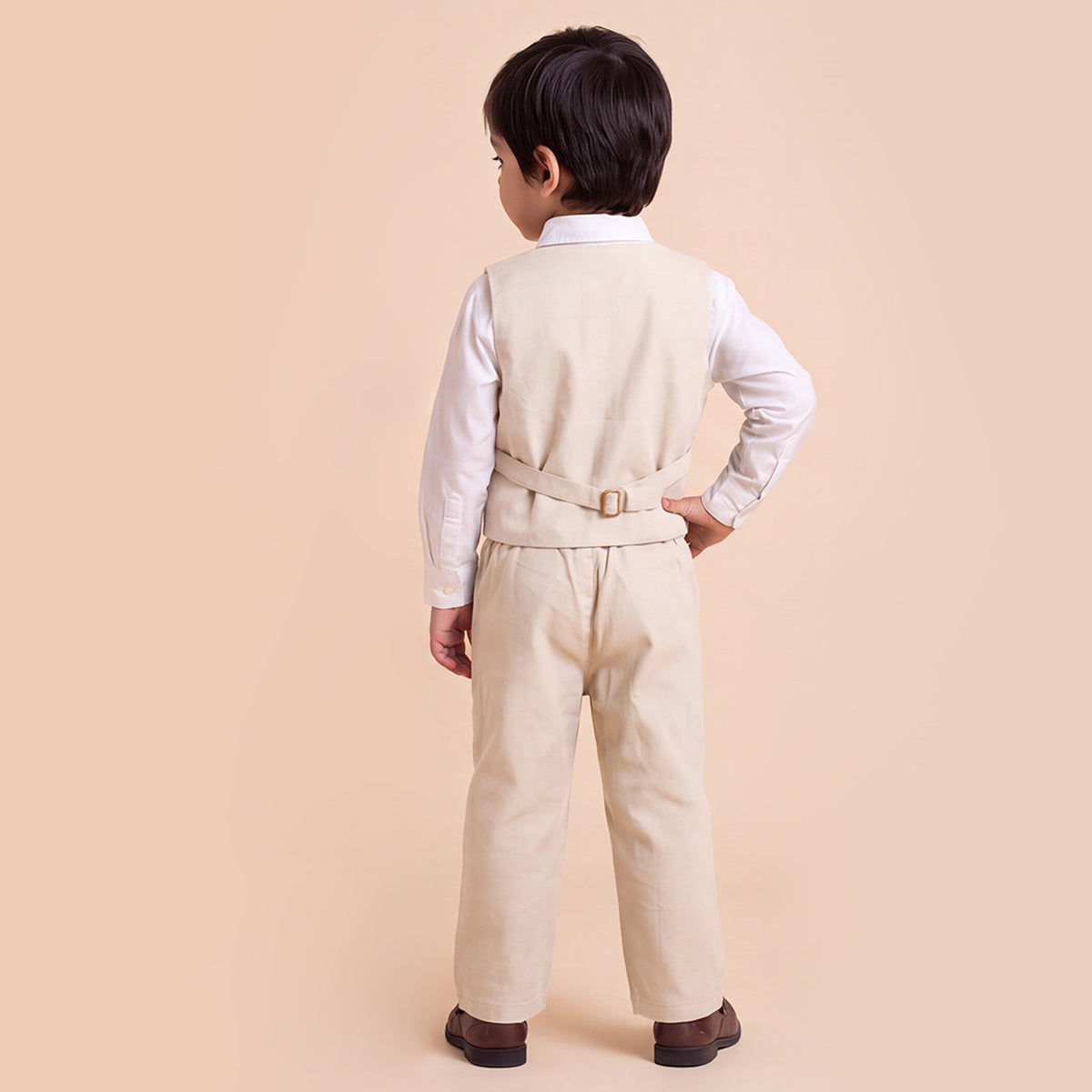 Toddler Boys Beige 3Pcs Outfit Set Shirt with Waist Coat and Pants Suit