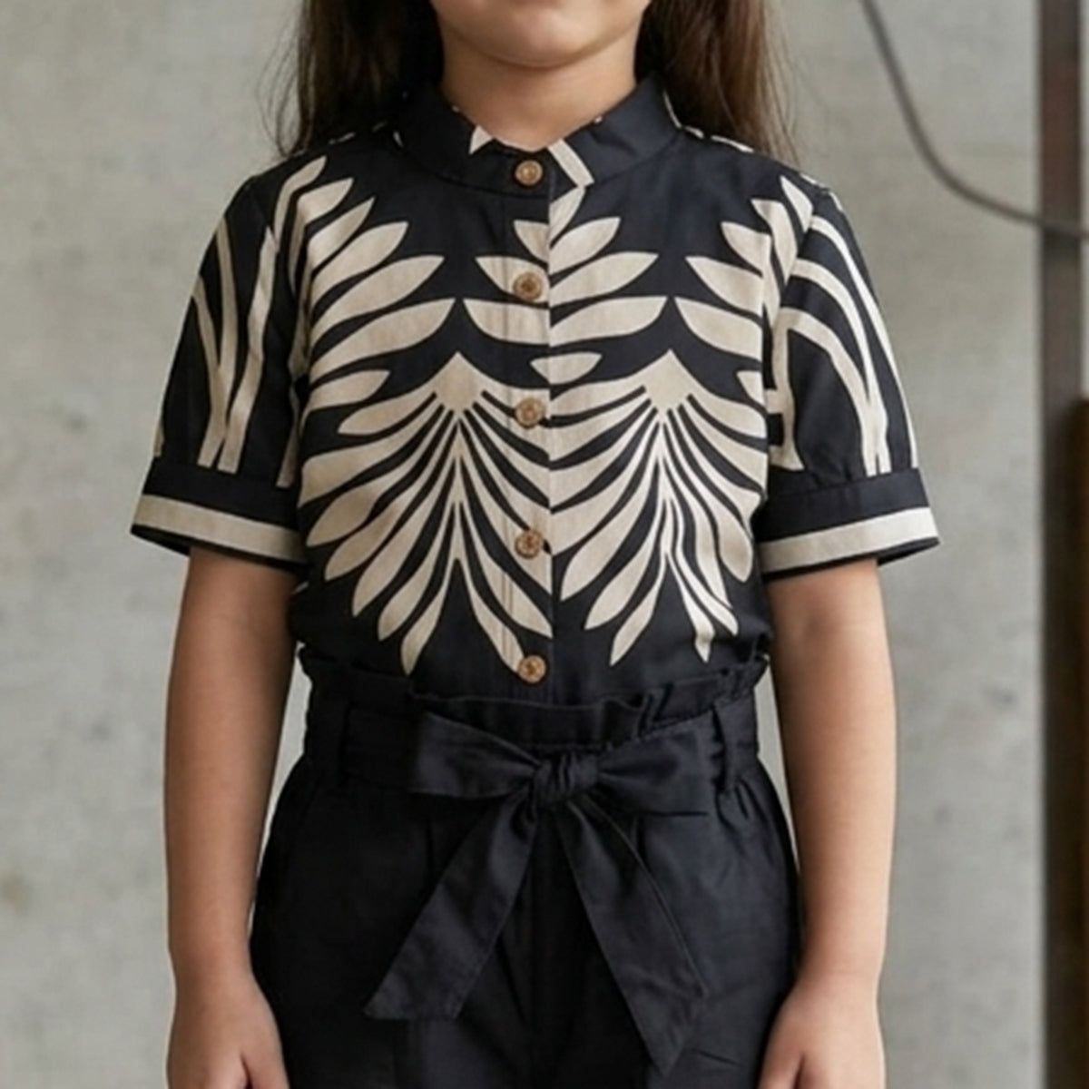 Girls Black Leaf Printed Button-Down Mercerized Cotton Co-Ord Set
