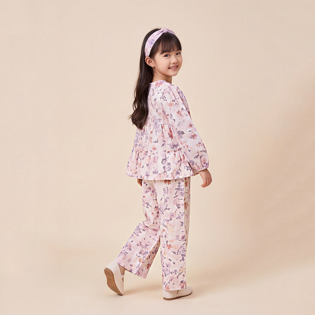 Girls Purple Printed Floral Long Sleeve Top With Elasticated Pants Sets