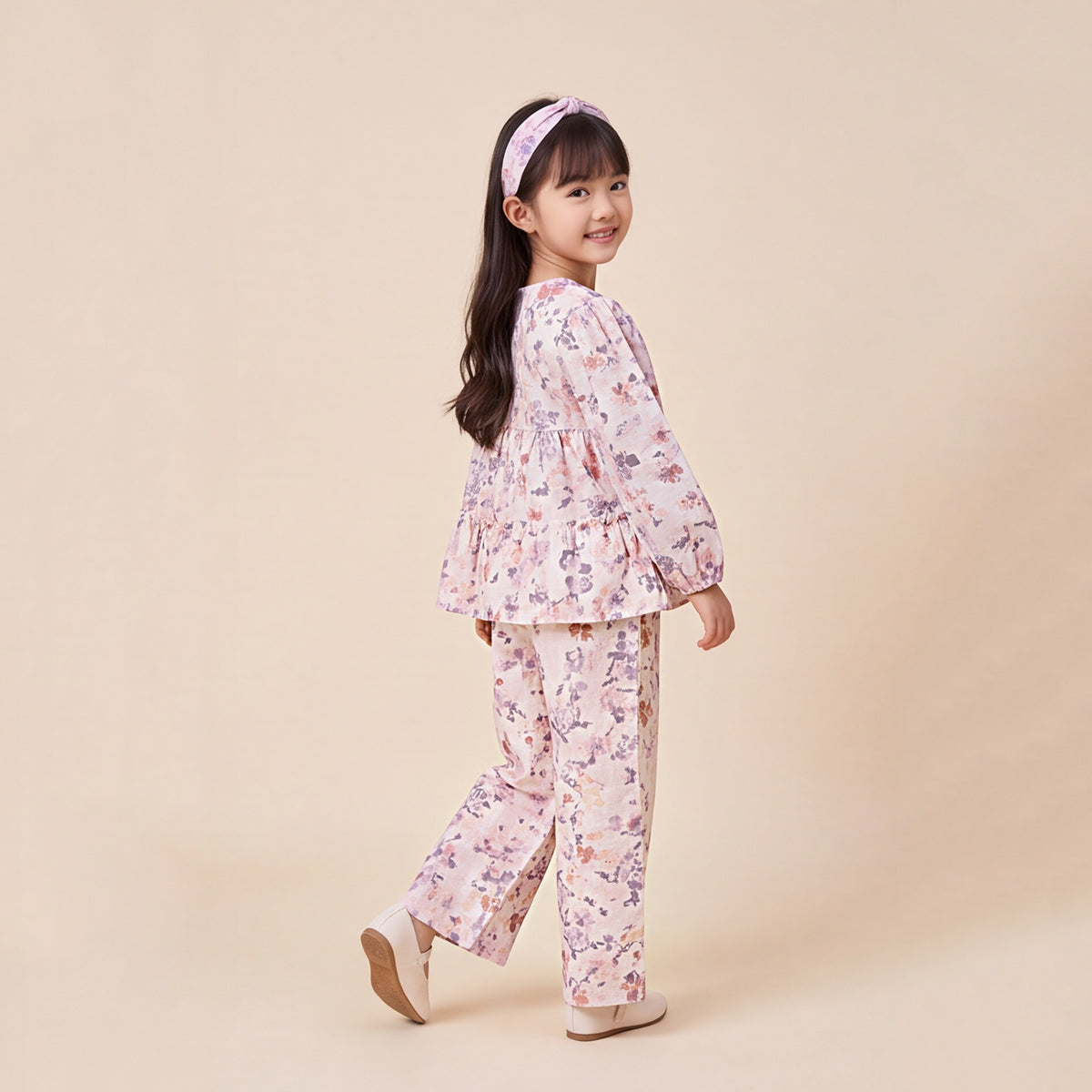 Girls Purple Printed Floral Long Sleeve Top With Elasticated Pants Sets