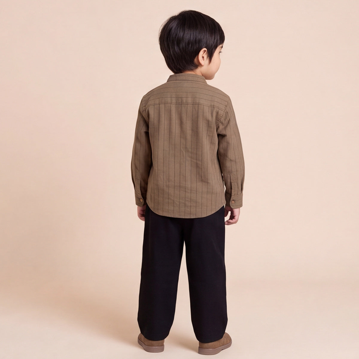 Boys Brown Mandarin Collar Striped Shirt & Elasticated Trouser Set