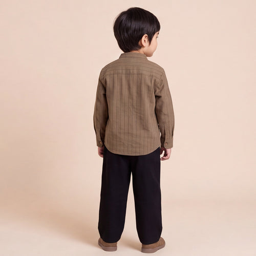 Boys Brown Mandarin Collar Striped Shirt & Elasticated Trouser Set