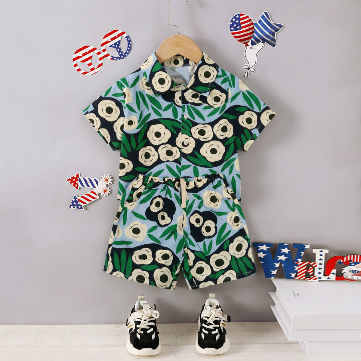 Boys Green Printed Short Sleeve Shirt With Elasticated Shorts Co-ord Set