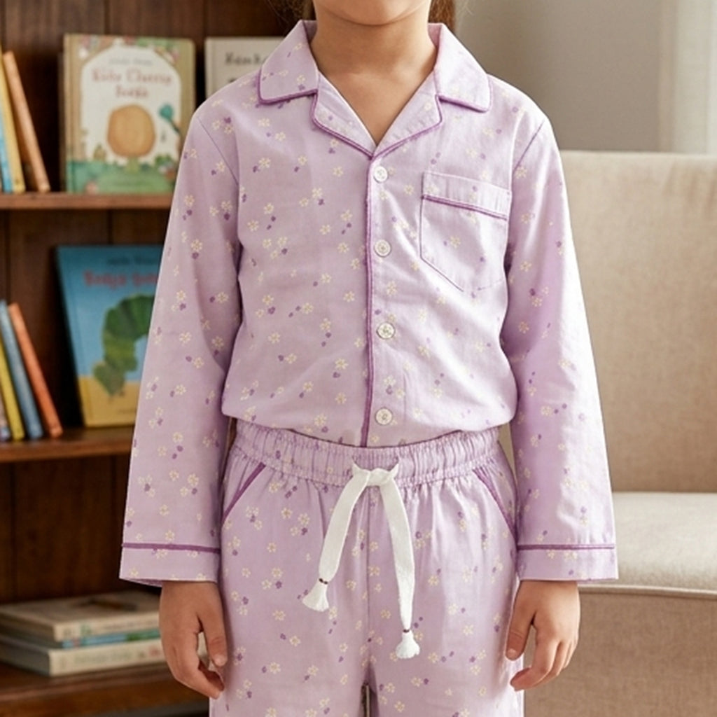 Girls Lilac Floral Printed Button-Down Long-Sleeve Shirt & Pants Nightwear Set