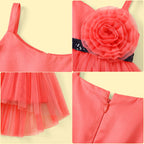Girls Coral Floral Applique High Low Sleeveless Party Wear Dress