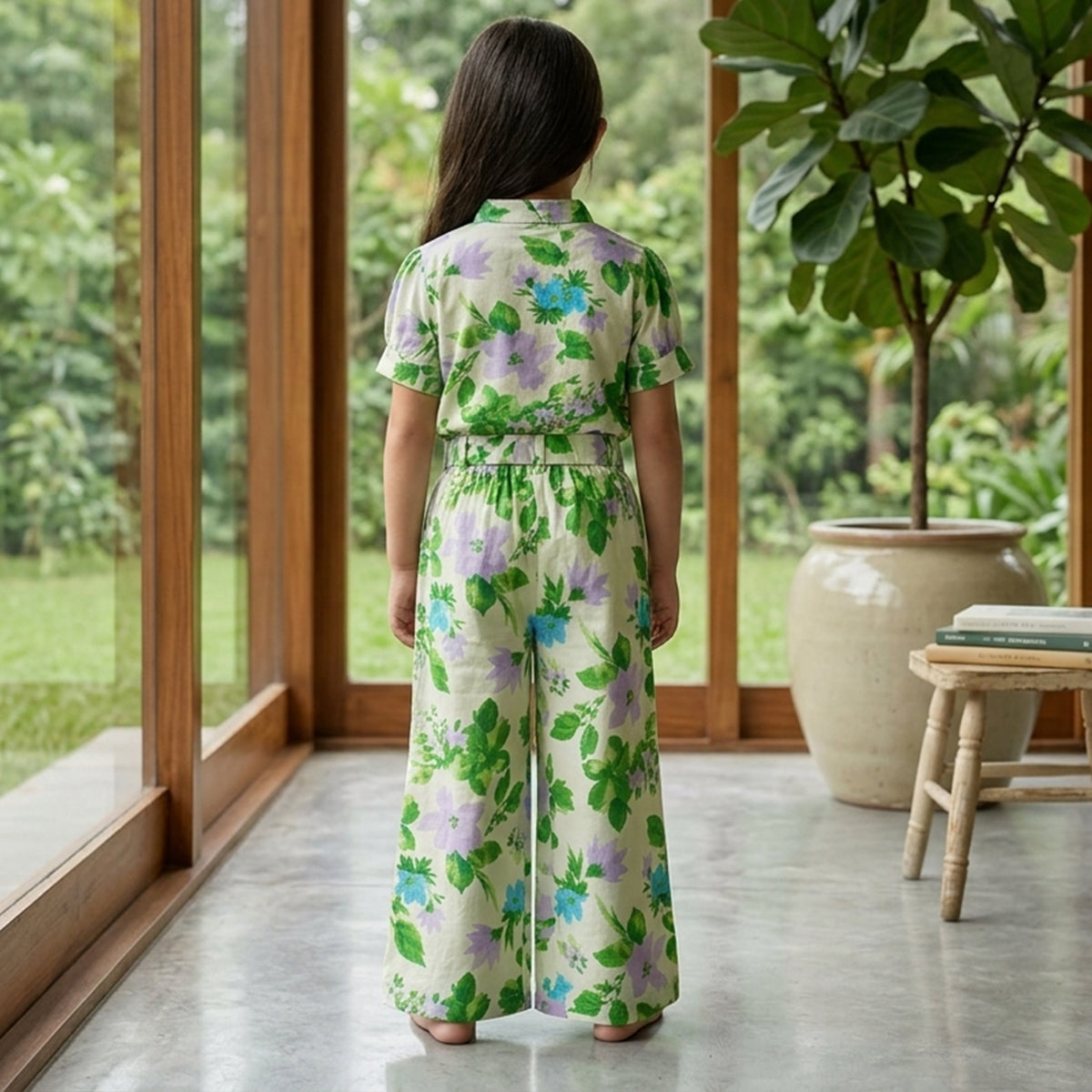 Girls Green Flower Printed Button-Down Mercerized Cotton Co-Ord Set