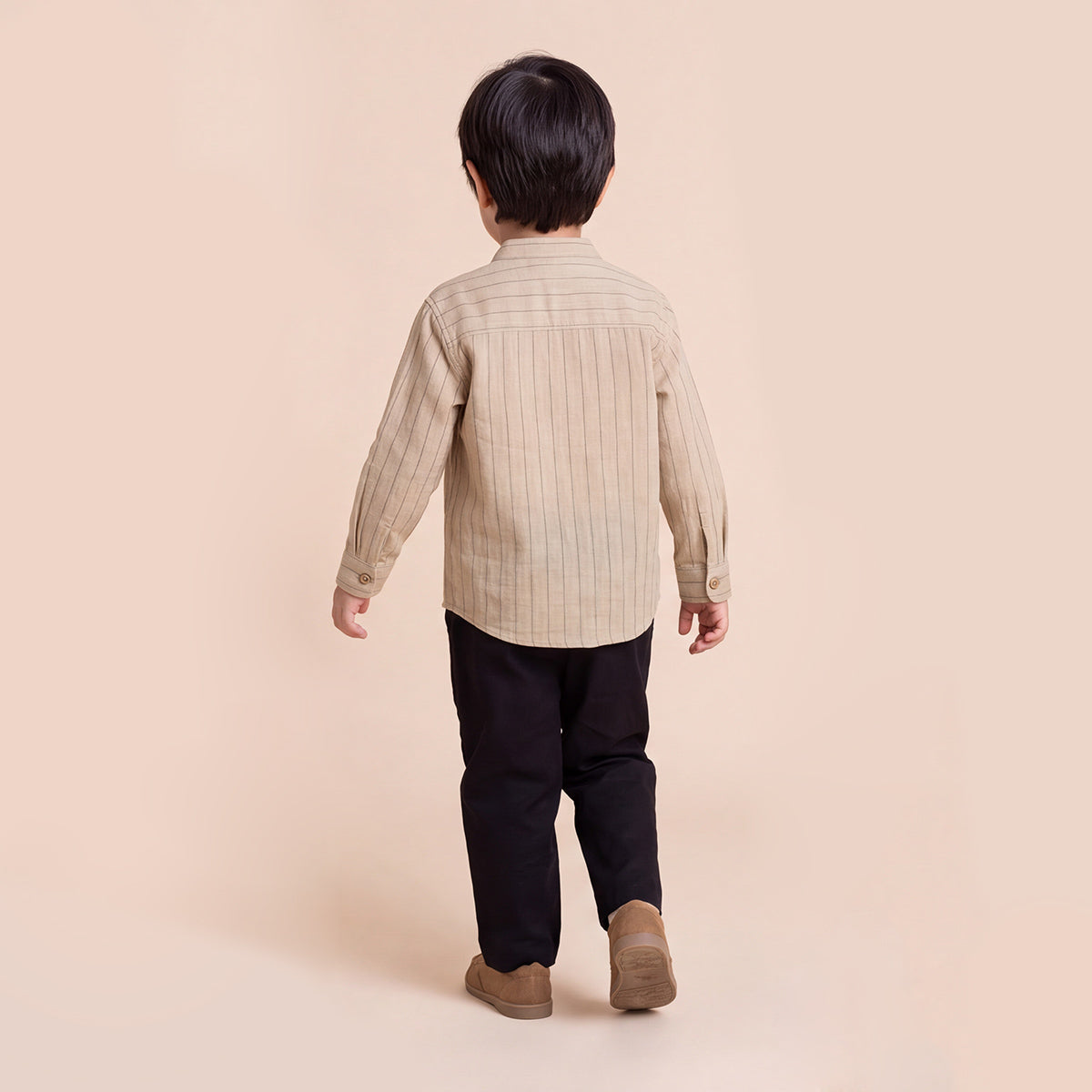 Boys Light Brown Mandarin Collar Striped Shirt & Elasticated Trouser Set