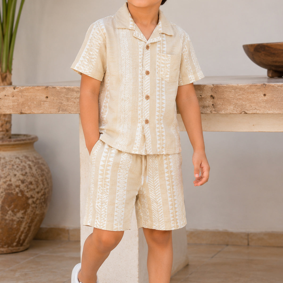 Boys Light Khaki Short Sleeve Shirt With Drawcord Waist Shorts Sets