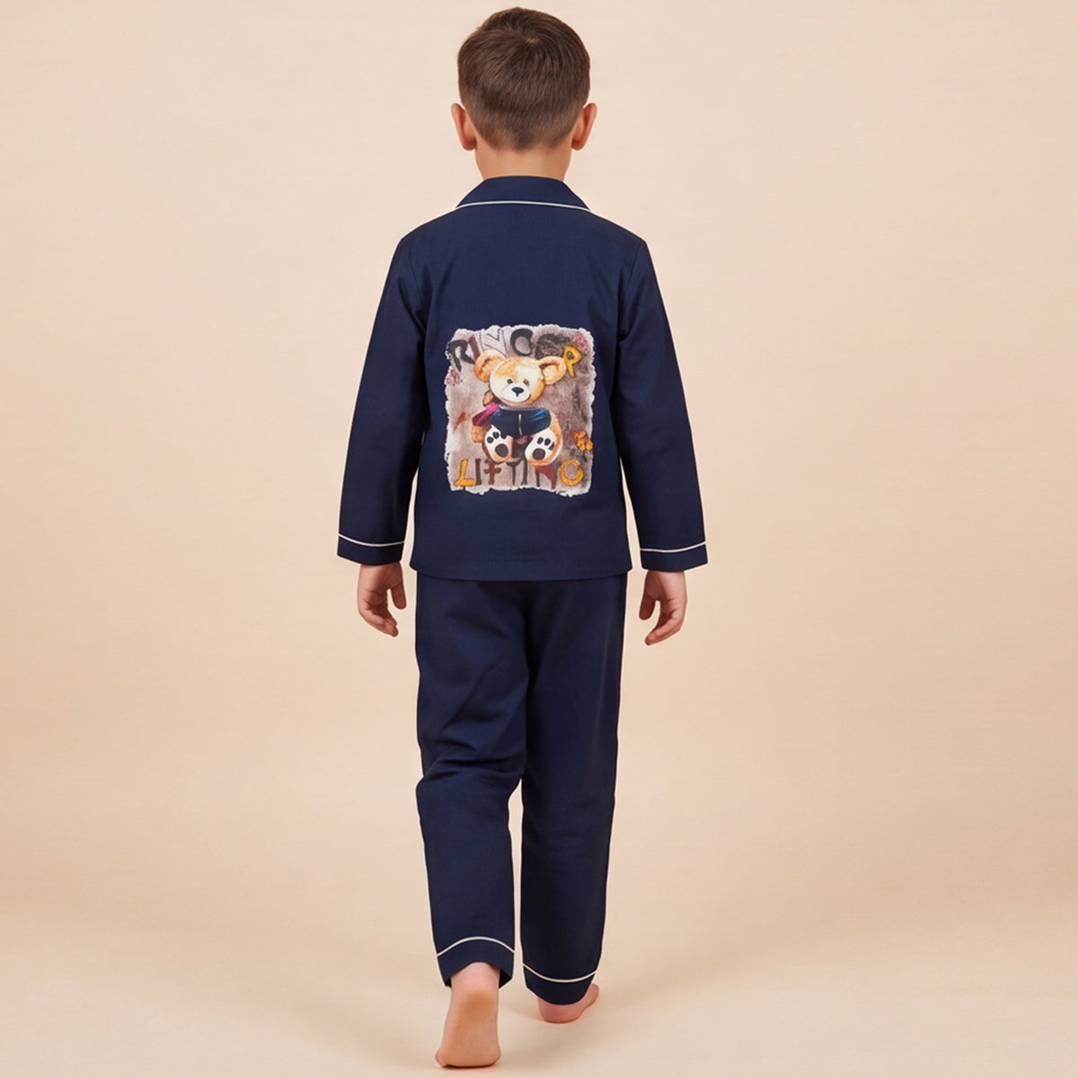 Boys Navy Pajama Set: Long Sleeve Shirt and Elasticated Pants Sleepwear