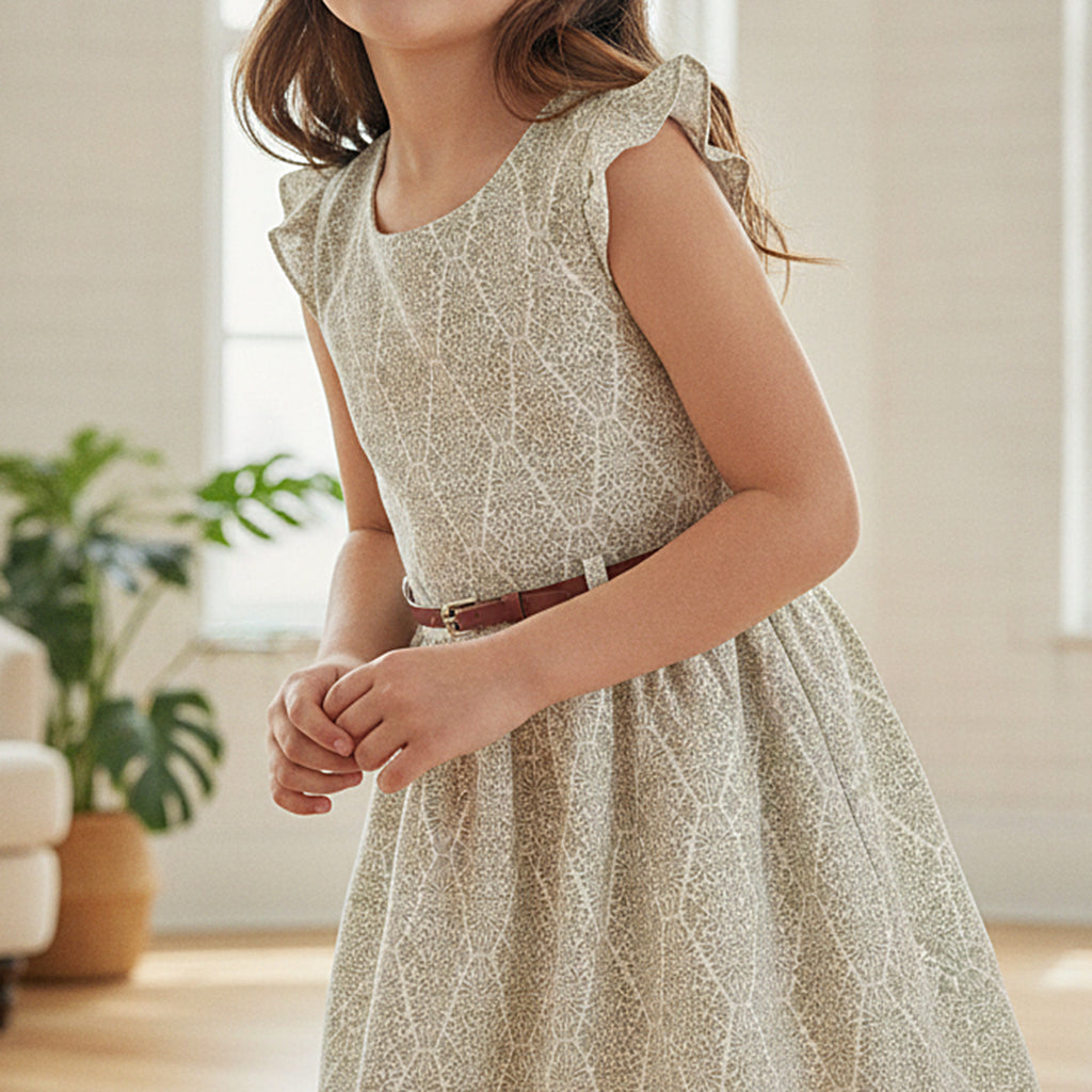 Girls Green Flying Sleeve Fit & Flare Dress With PU Belt