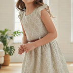 Girls Green Flying Sleeve Fit & Flare Dress With PU Belt
