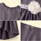 Girls Grey Floral Applique High Low Sleeveless Party Wear Dress