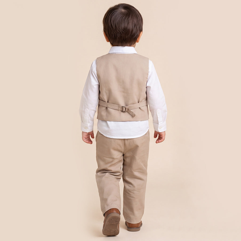 Toddler Boys Khaki 3Pcs Outfit Set Shirt with Waist Coat and Pants Suit