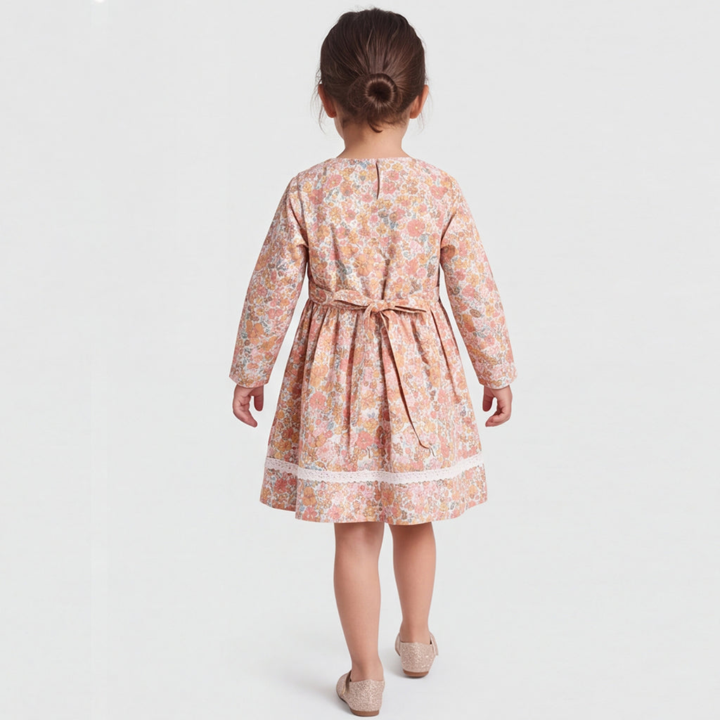 Girls Multicolor Floral Print Long Sleeve Dress
