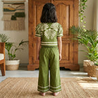 Girls Green Leaf Printed Button-Down Mercerized Cotton Co-Ord Set