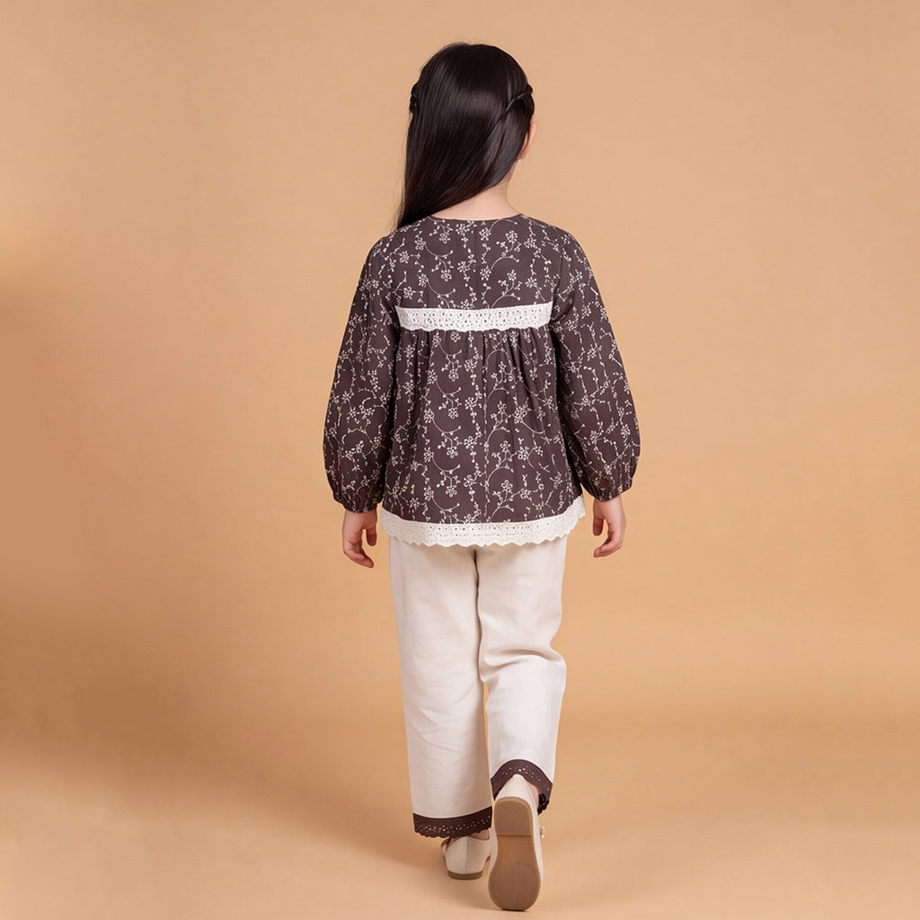 Girls Brown Printed Long Sleeve Top With Pants Sets