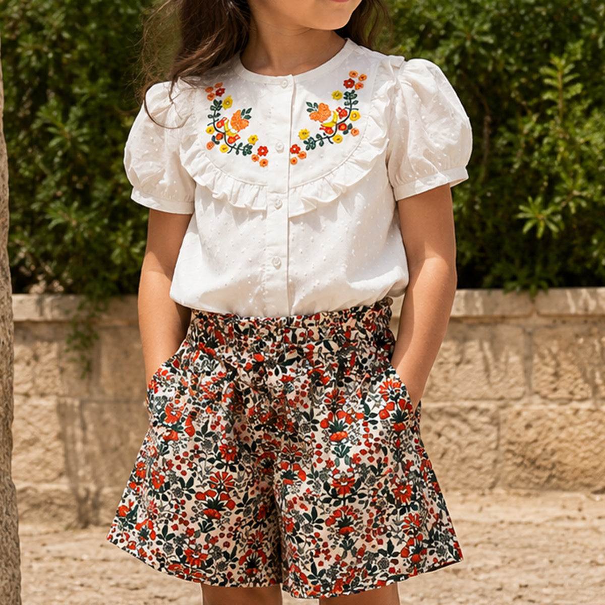 Girls White Short Sleeve Embroidered Top With Printed Shorts Sets