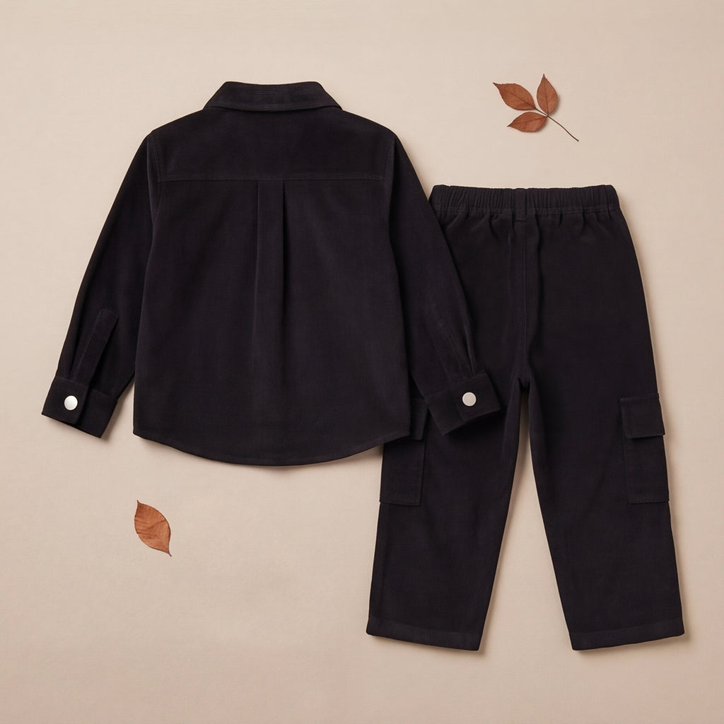 Boys Black Cotton Corduroy Shirt With Trousers Set