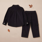 Boys Black Cotton Corduroy Shirt With Trousers Set