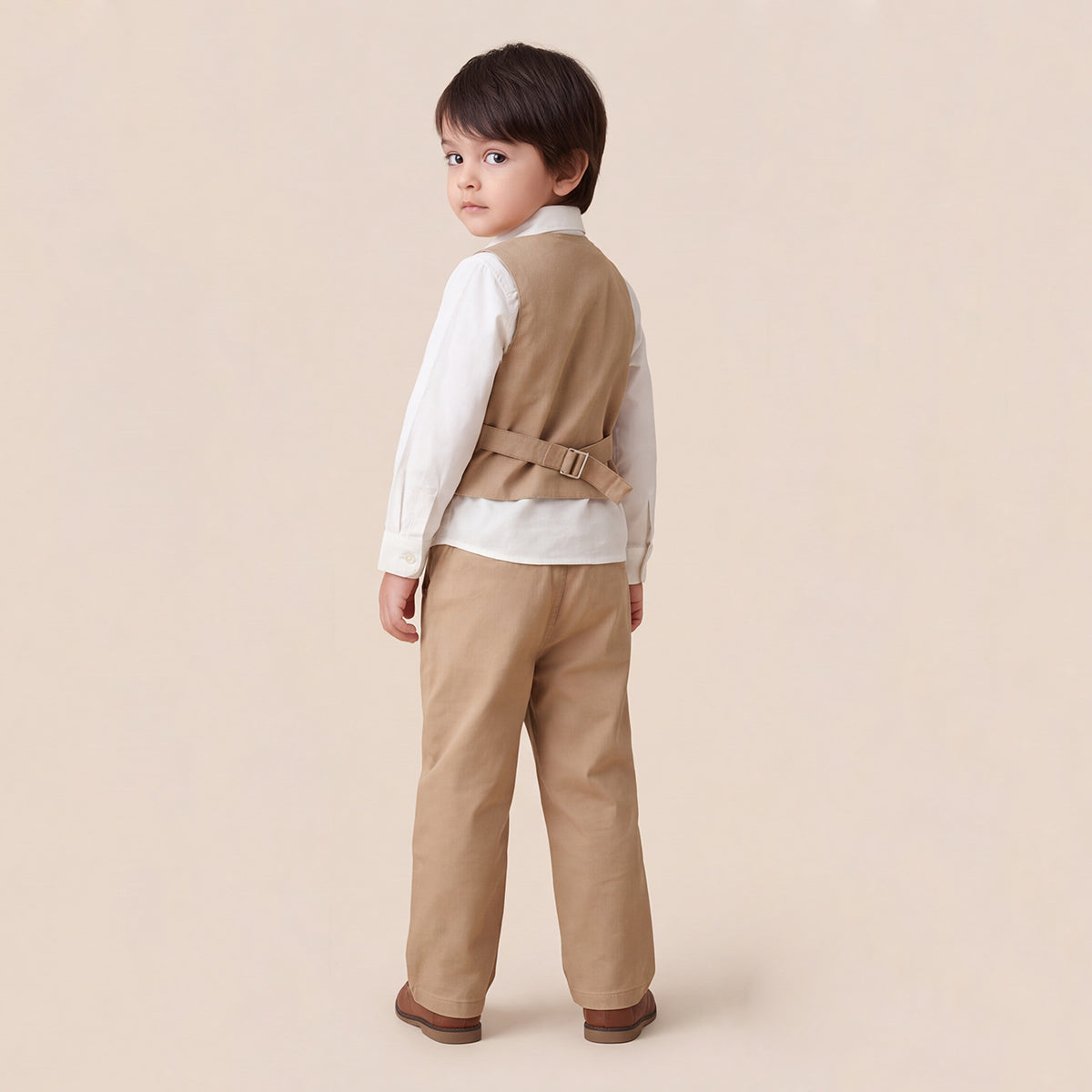 Toddler Boys Khaki 3Pcs Outfit Set Shirt with Waist Coat and Pants Suit