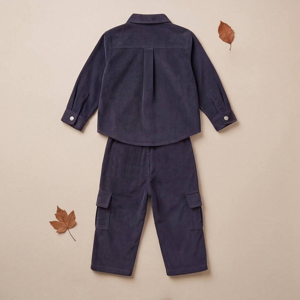 Boys Grey Cotton Corduroy Shirt With Trousers Set