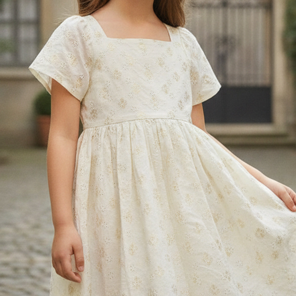Girls Light Green Schiffli Embroidered Fit & Flare Dress With Golden Foil Print