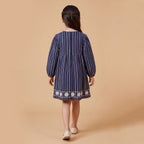 Girls Navy Embroidered Long Sleeve A-Line Dress