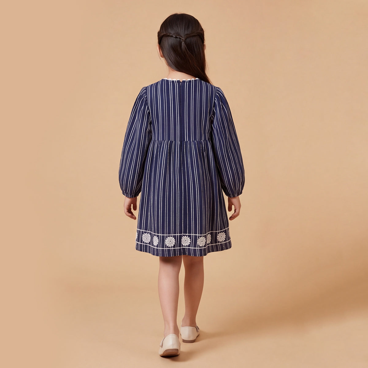 Girls Navy Embroidered Long Sleeve A-Line Dress