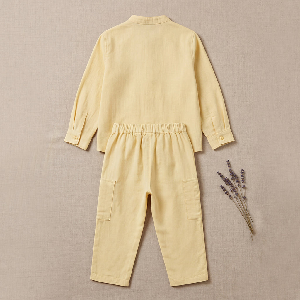 Boys Yellow Mandarin collar Shirt With Elasticated Pants Set